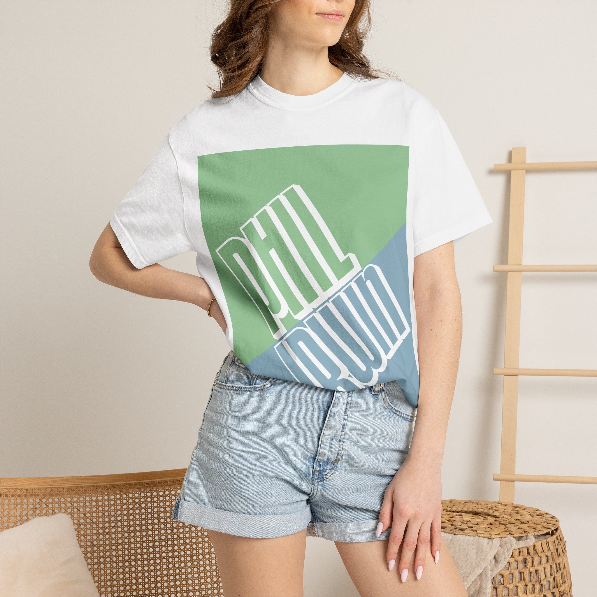 Diagonal Block Graphic T-Shirt — Retro Green & Blue Streetwear